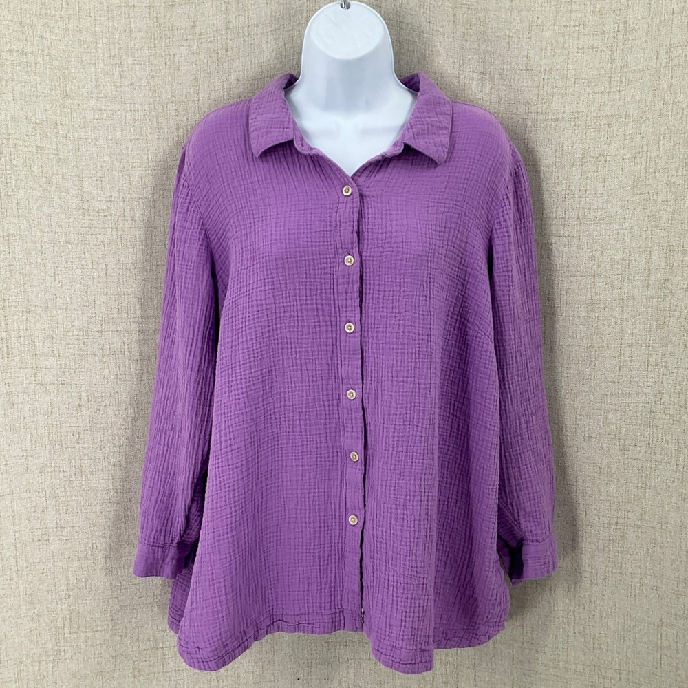 J. Jill Button Down Shirt Womens XL Petite Purple Gauze Cotton Boho Minimalist